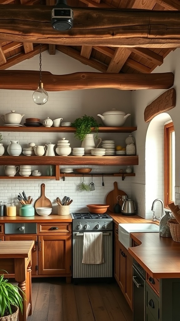A cozy European farmhouse kitchen featuring rustic wooden beams and open shelving filled with dishes and plants.