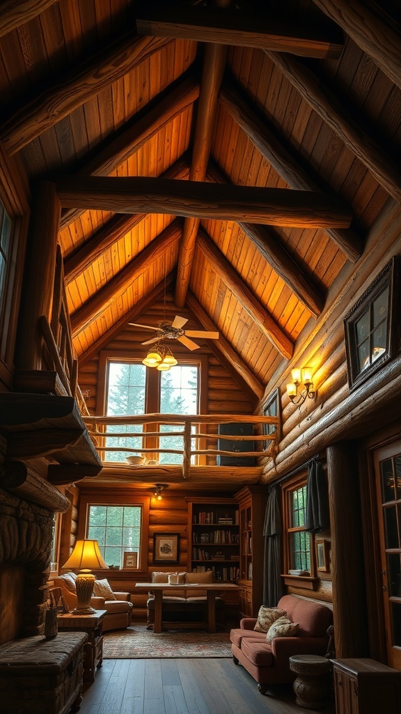 Interior of a mountain cabin featuring rustic wooden beams and plank walls.