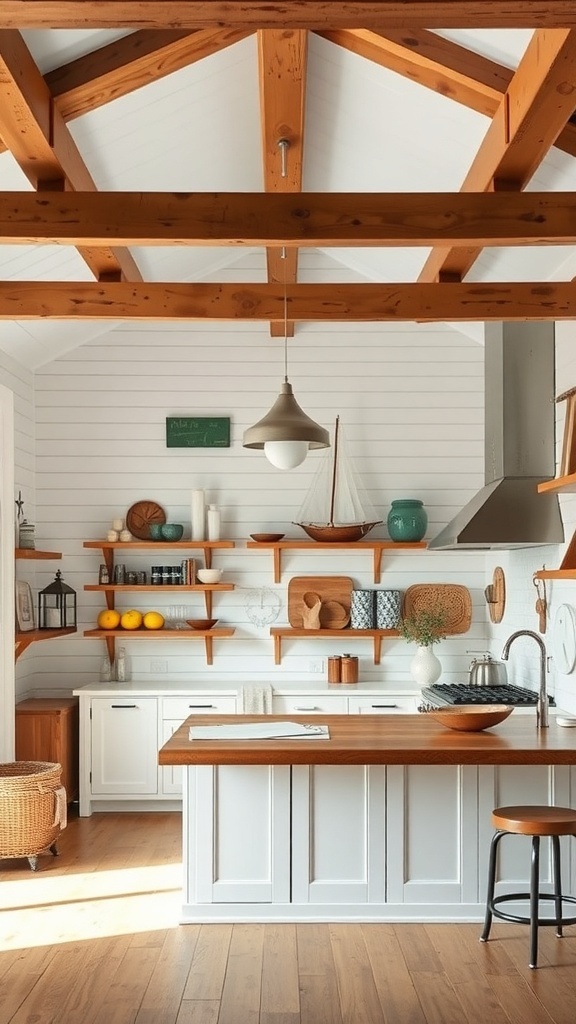A coastal farmhouse kitchen featuring rustic wooden beams and shiplap walls.