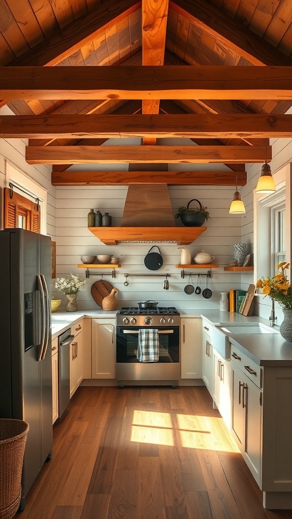 A cozy farmhouse kitchen featuring rustic wooden beams and shiplap walls.
