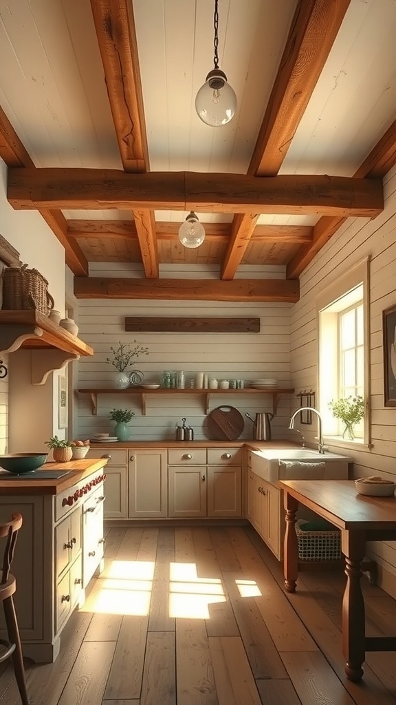 A cozy farmhouse kitchen featuring rustic wooden beams and shiplap walls.