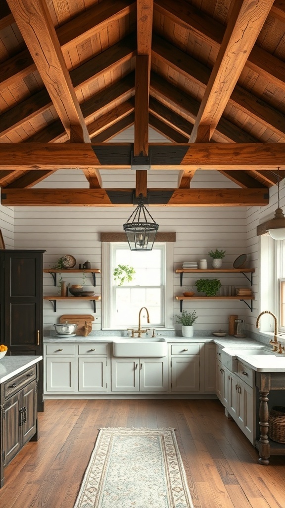 A vintage farmhouse kitchen featuring rustic wooden beams and shiplap walls.