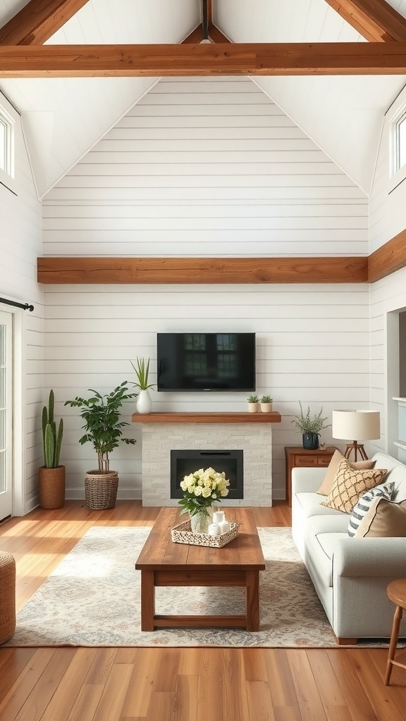 Living room with rustic wooden beams and shiplap walls, featuring a cozy sofa and wooden coffee table.