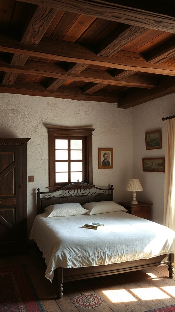 A vintage bedroom featuring rustic wooden beams on the ceiling, a wooden bed frame, and soft bedding.