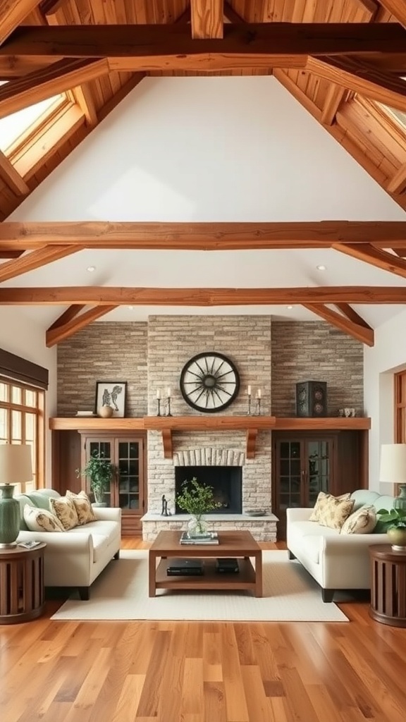 Living room with rustic wooden beams and a cozy fireplace