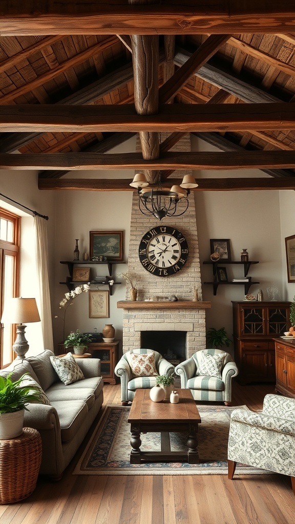 A cozy vintage living room featuring rustic wooden beams, a fireplace, and comfortable seating.