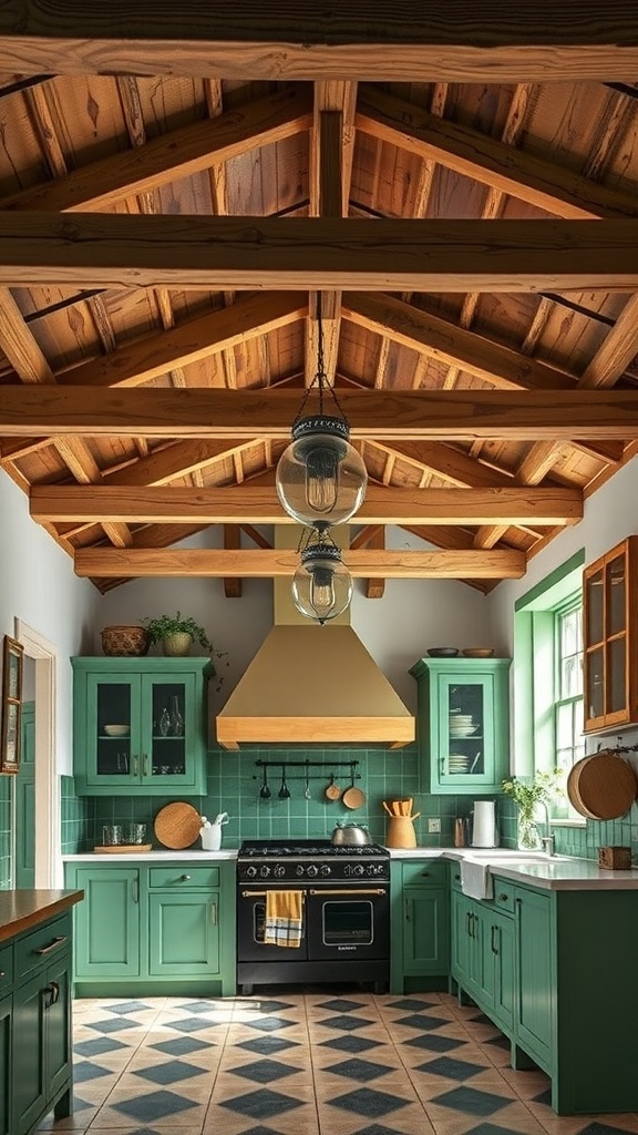 A green farmhouse kitchen featuring rustic wooden beams and stylish decor.