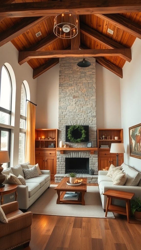 A cozy farmhouse living room with rustic wooden beams and a stone fireplace.