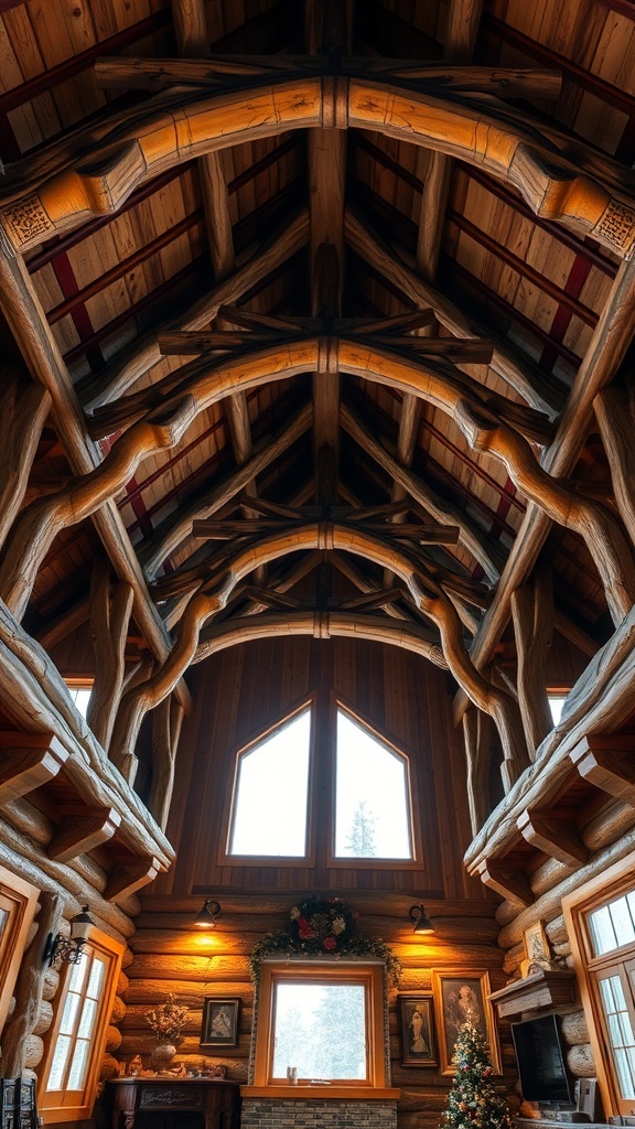 Interior view of a winter cabin with rustic wooden beams and large windows