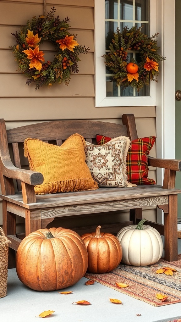 A rustic wooden bench with colorful pillows, surrounded by pumpkins and autumn leaves.
