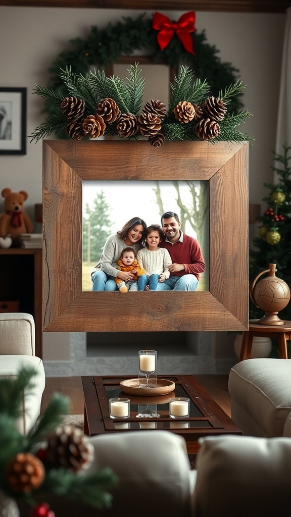 A rustic wooden Christmas frame adorned with pinecones and greenery, featuring a family photo.
