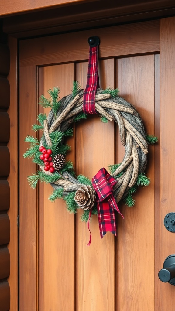 A rustic wooden Christmas wreath with pinecones and red berries, hanging on a wooden door.