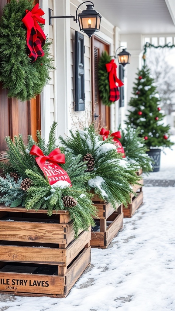 Rustic wooden crates filled with greens, pinecones, and red ribbons on a winter front porch.