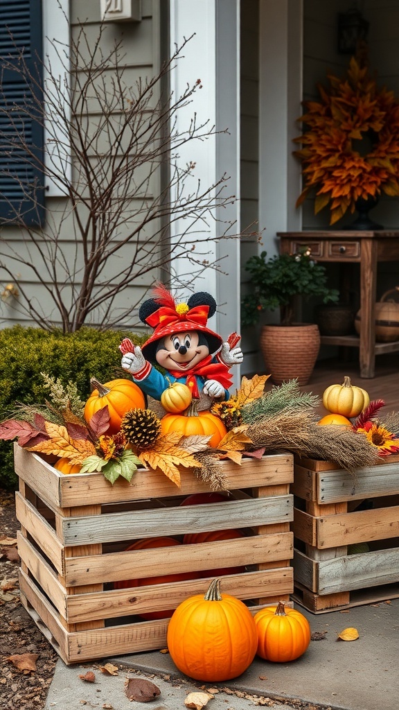 Rustic wooden crates filled with pumpkins and autumn leaves at a front door