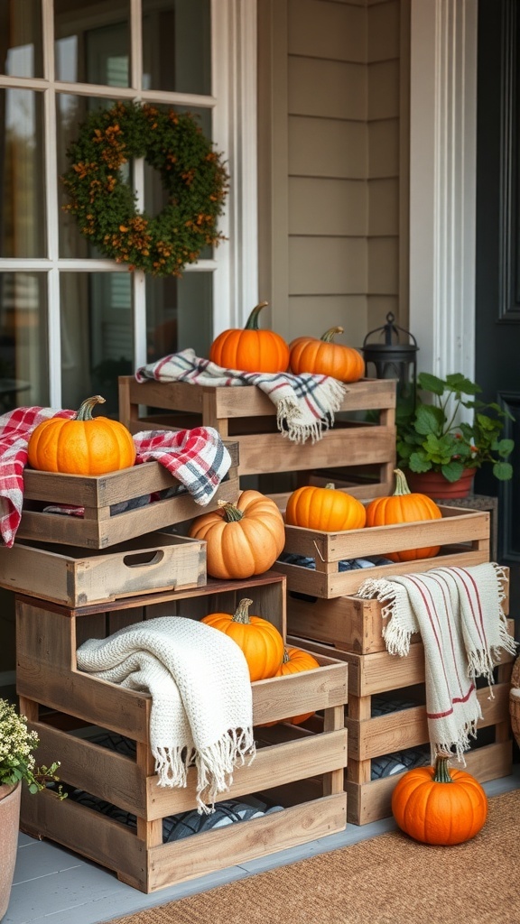 Rustic wooden crates filled with pumpkins and blankets on a fall porch