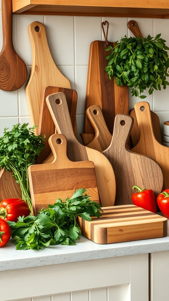 A collection of rustic wooden cutting boards displayed on a kitchen counter with fresh herbs and red peppers.
