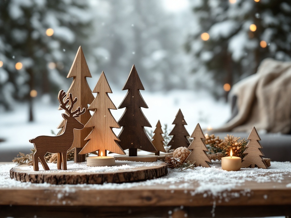 Rustic wooden decor elements for Christmas, featuring wooden trees, a reindeer, and candles on a snowy table.