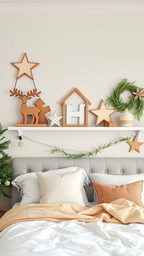 A cozy Christmas bedroom featuring rustic wooden decor elements like a reindeer, house, stars, and a wreath.