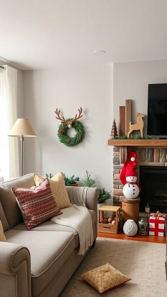 A cozy living room decorated for Christmas with rustic wooden elements.