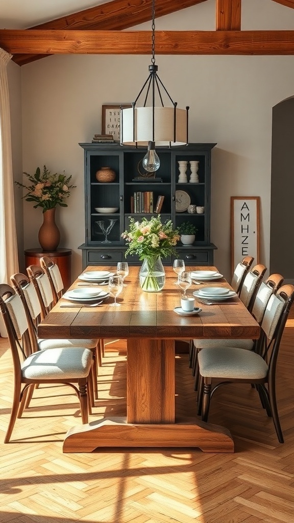 A rustic wooden dining table set in a modern farmhouse dining room with elegant decor.
