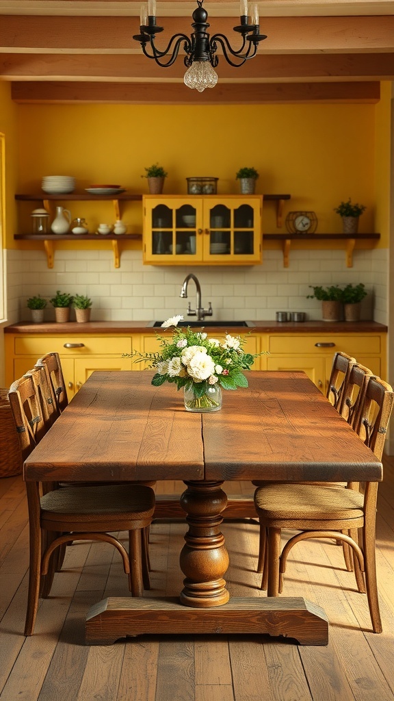 A rustic wooden dining table in a yellow farmhouse kitchen, adorned with a vase of flowers.