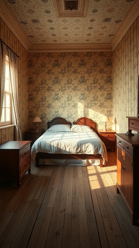 A vintage bedroom with rustic wooden floorboards, a wooden bed, and vintage furniture.