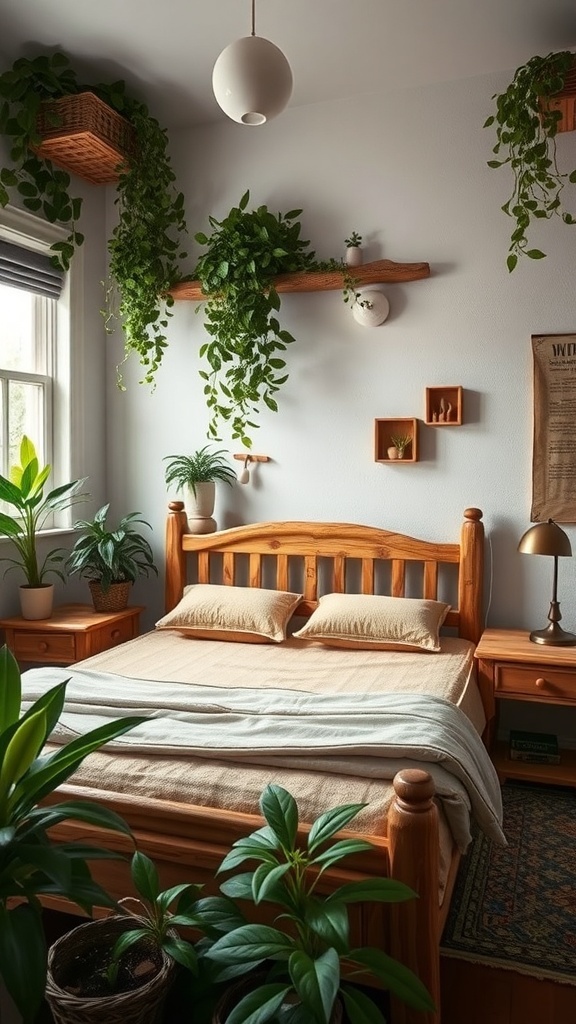 A cozy cottagecore bedroom featuring rustic wooden furniture and lush green plants.