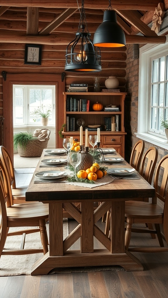 A rustic wooden dining table set with plates and oranges in a cozy cottage interior.