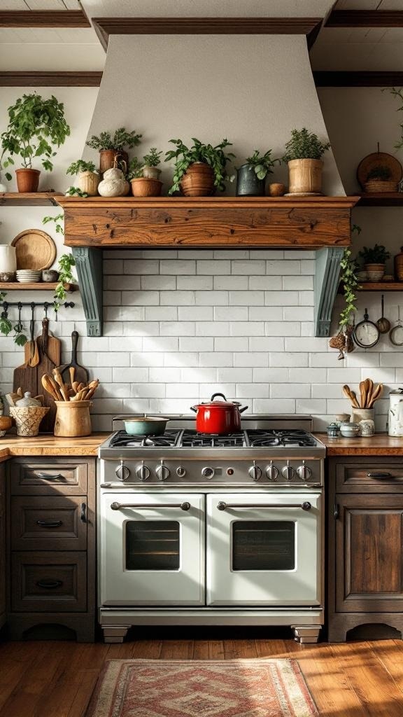 A rustic wooden kitchen hood above a stove, surrounded by plants and wooden kitchenware.