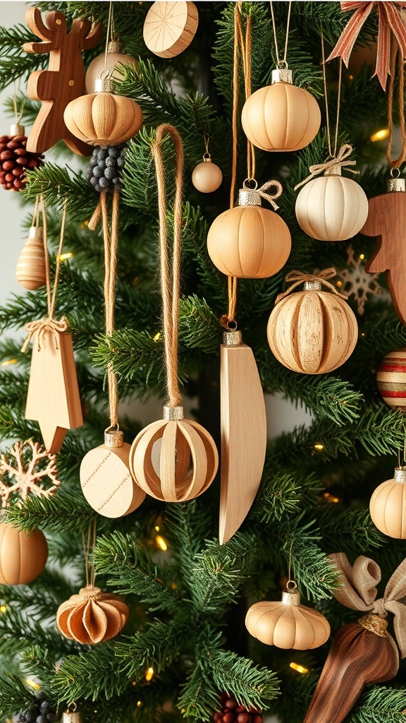 A Christmas tree adorned with rustic wooden ornaments and golden decorations.