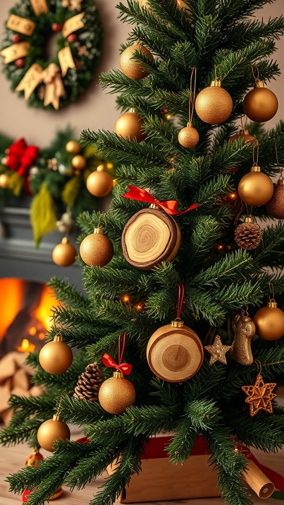 A Christmas tree decorated with rustic wooden ornaments and gold baubles, with a cozy fireplace in the background.
