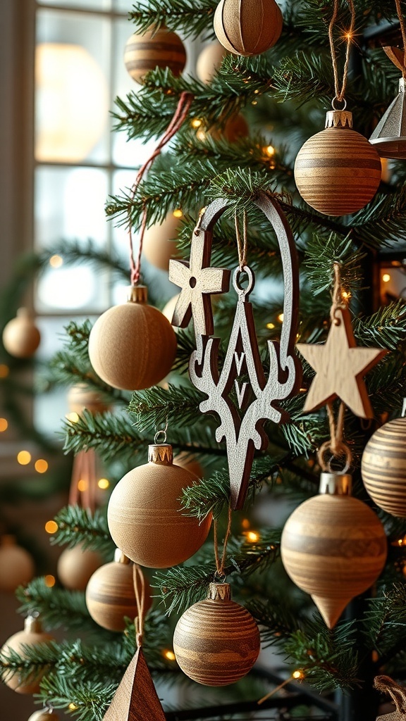 A Christmas tree decorated with rustic wooden ornaments, including round balls, stars, and snowflakes.