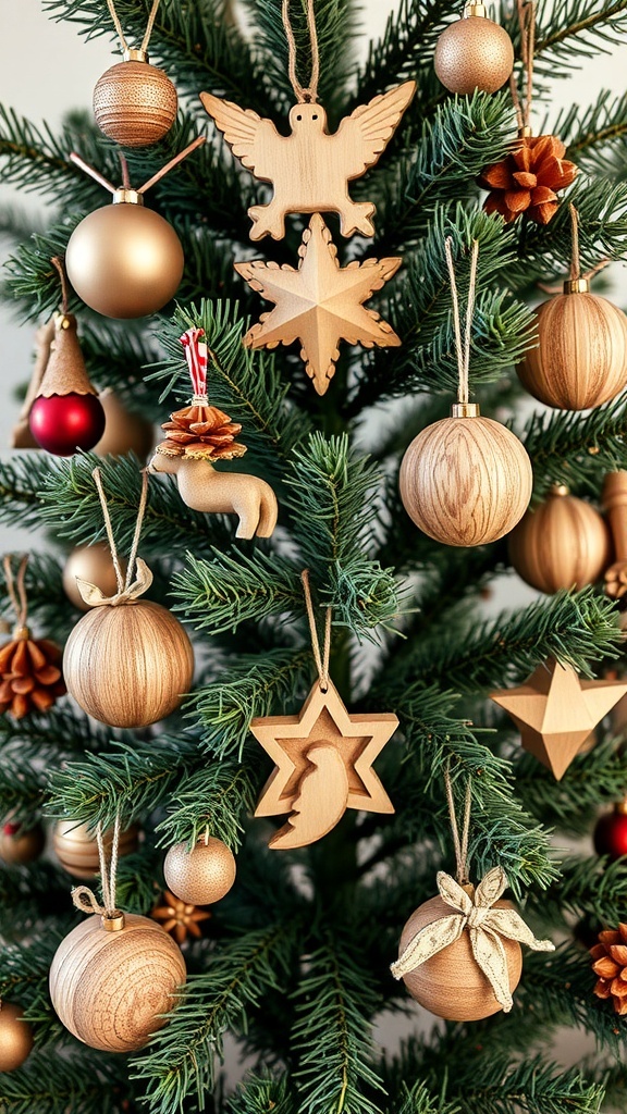 A Christmas tree adorned with rustic wooden ornaments and golden baubles.
