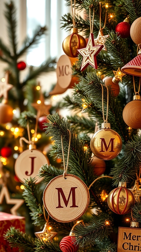 Rustic wooden ornaments hanging on a Christmas tree