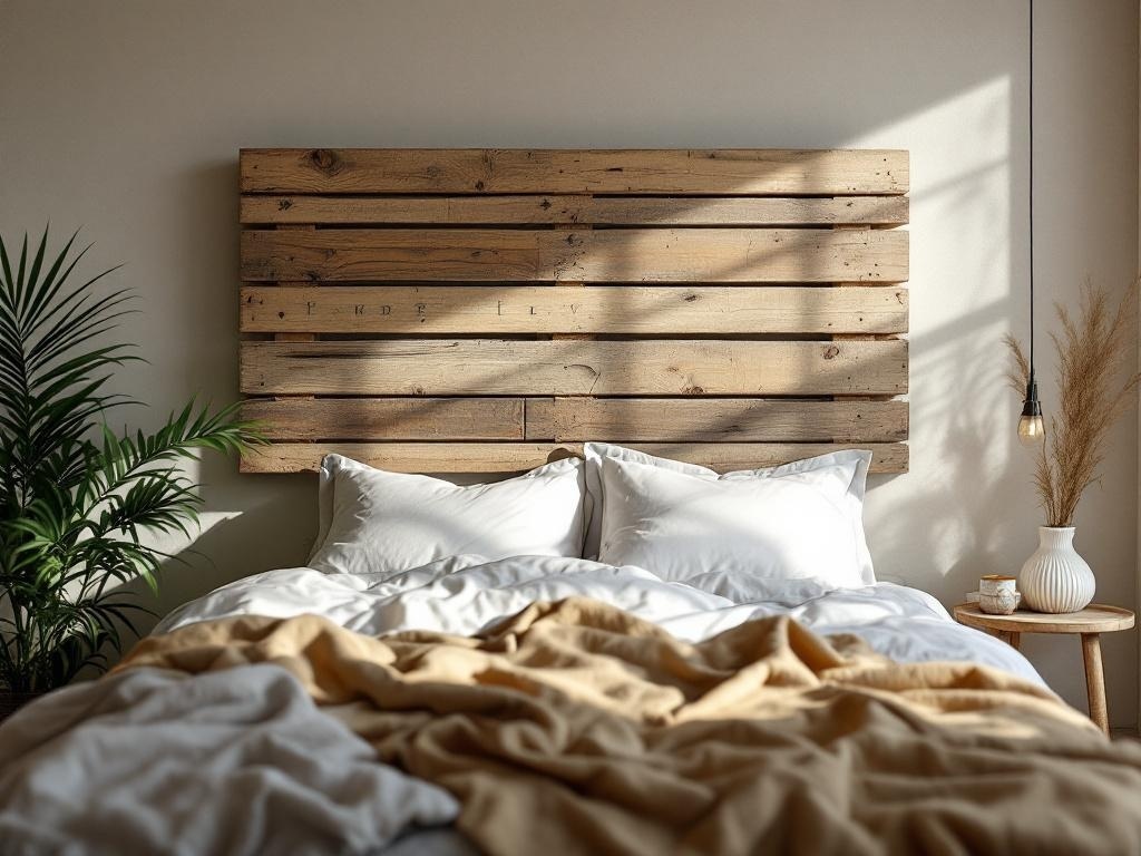 A rustic wooden pallet headboard above a neatly made bed with white bedding and a cozy blanket.