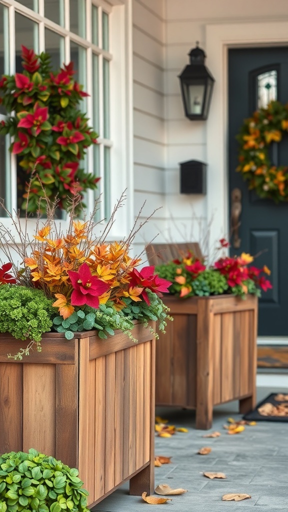 Rustic wooden planters filled with seasonal greens and autumn leaves on a front porch.