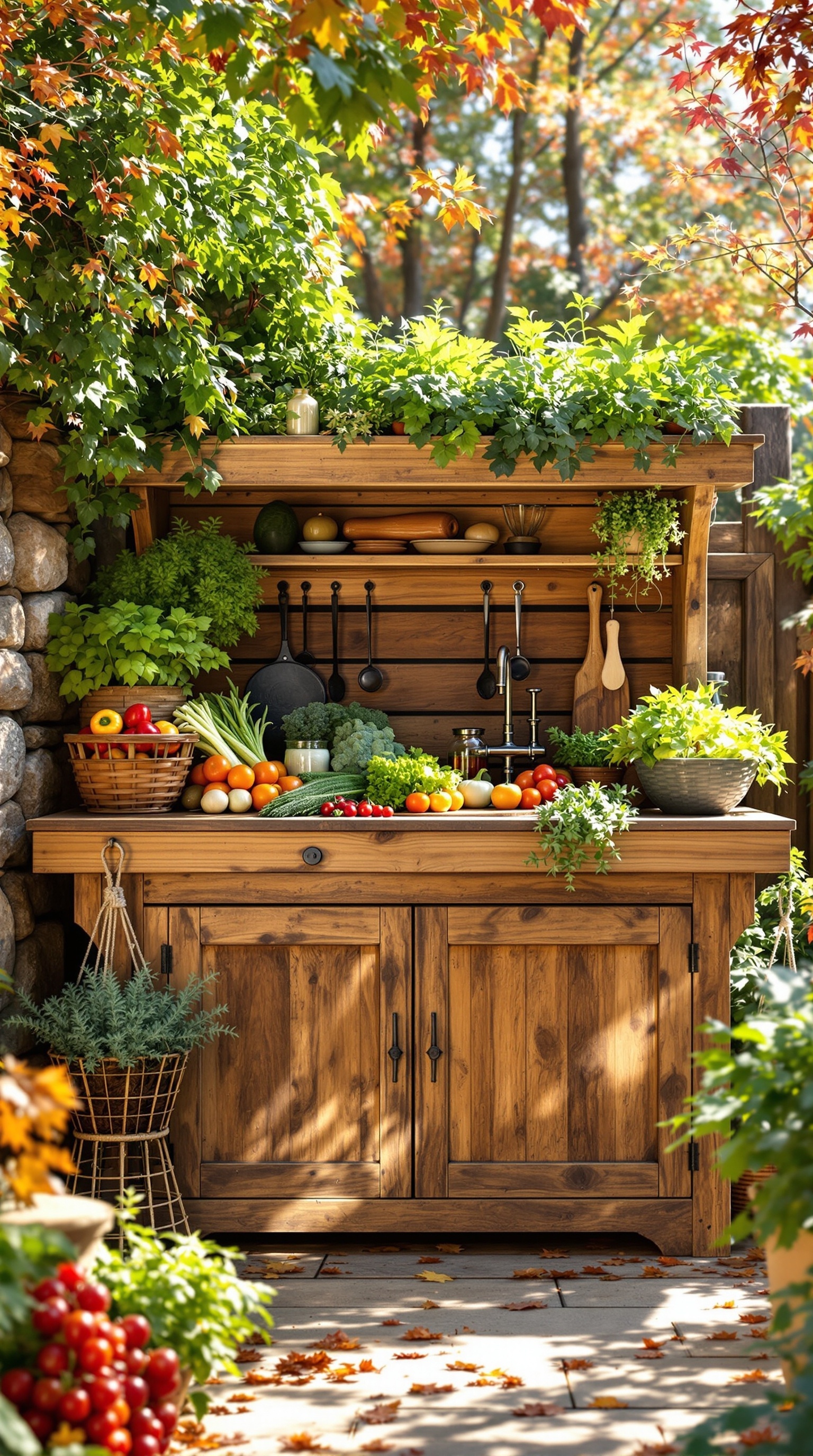 A rustic wooden kitchen prep station filled with fresh vegetables and herbs, set in a lush garden.