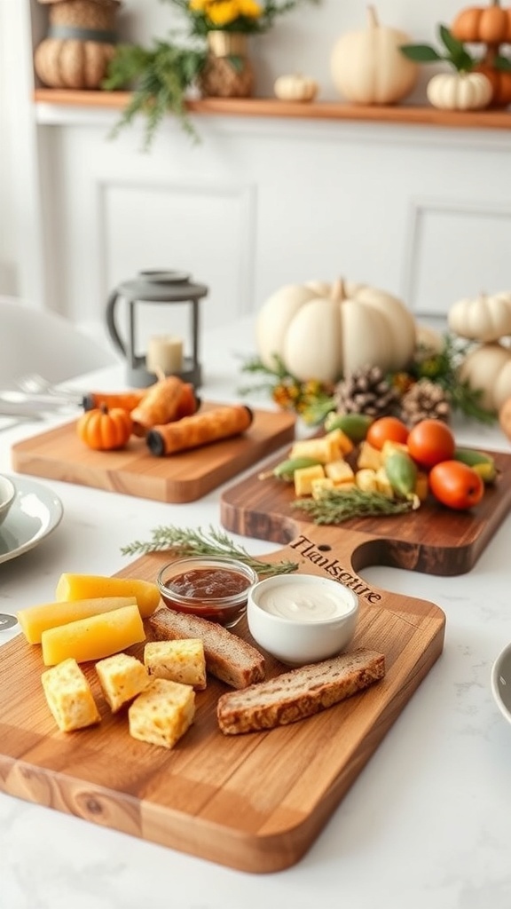 Rustic wooden serving boards with cheese, dips, and seasonal decor on a Thanksgiving table.