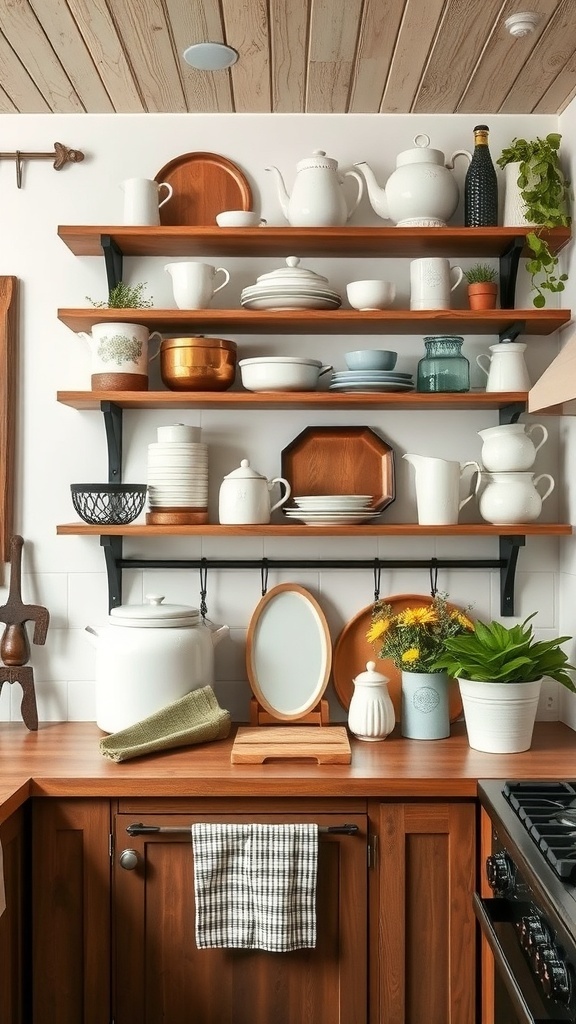 Rustic wooden shelves displaying various kitchenware and plants in a farmhouse kitchen.