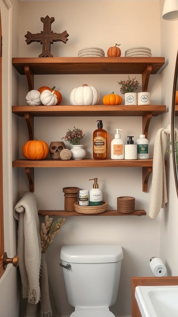 Rustic wooden shelves in a bathroom decorated with pumpkins and toiletries