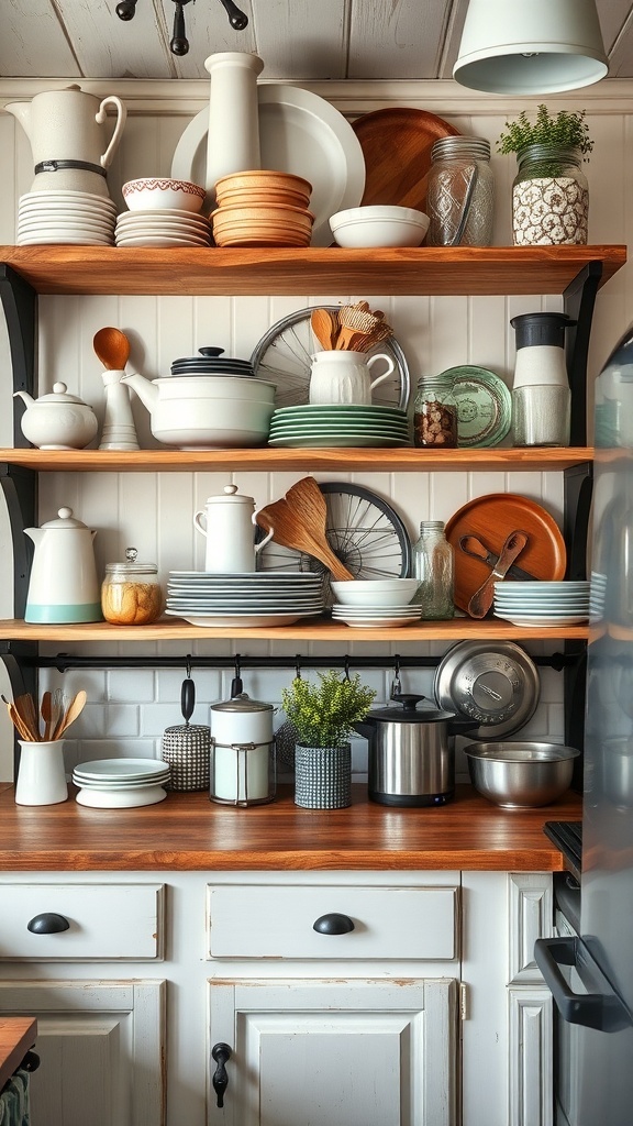 Rustic wooden shelves filled with various kitchen items and decor.