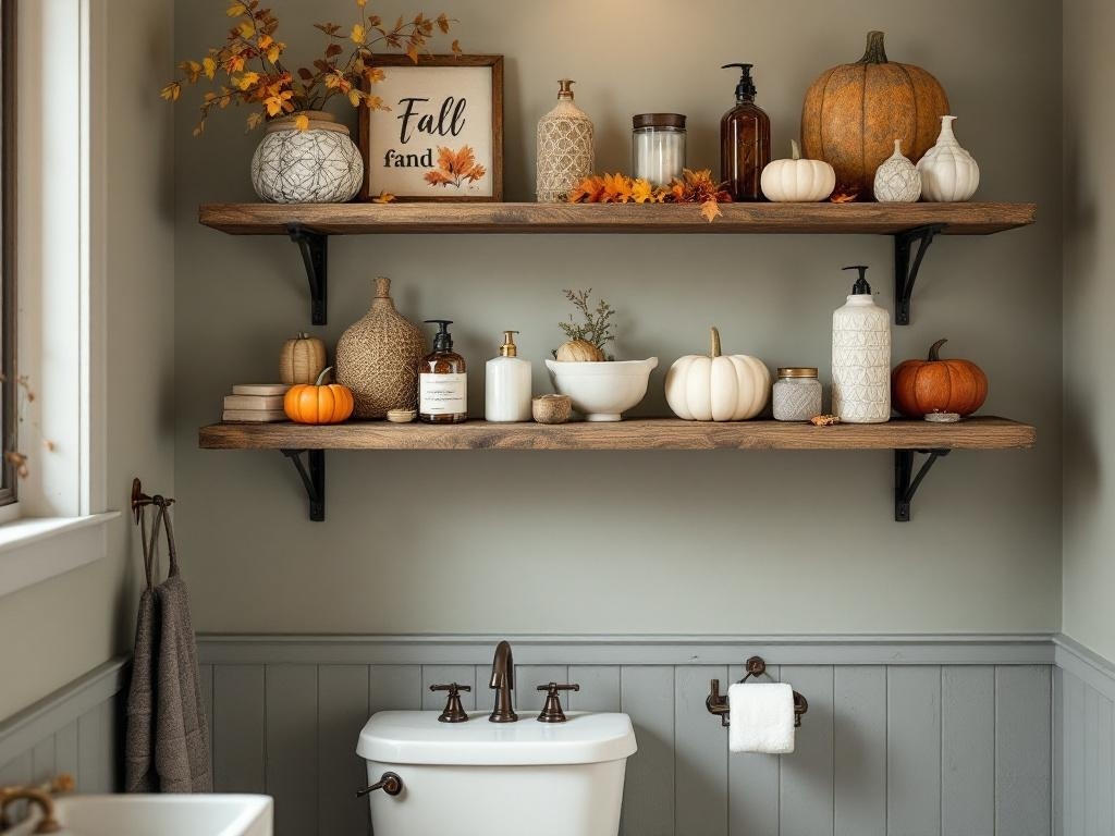 Rustic wooden shelves in a bathroom decorated with fall-themed items like pumpkins and candles.