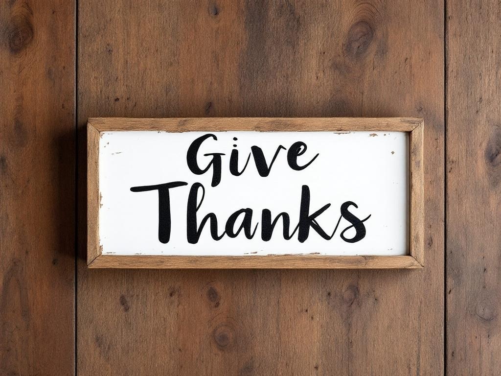 A rustic wooden sign that says 'Give Thanks' framed in wood, set against a wooden background.