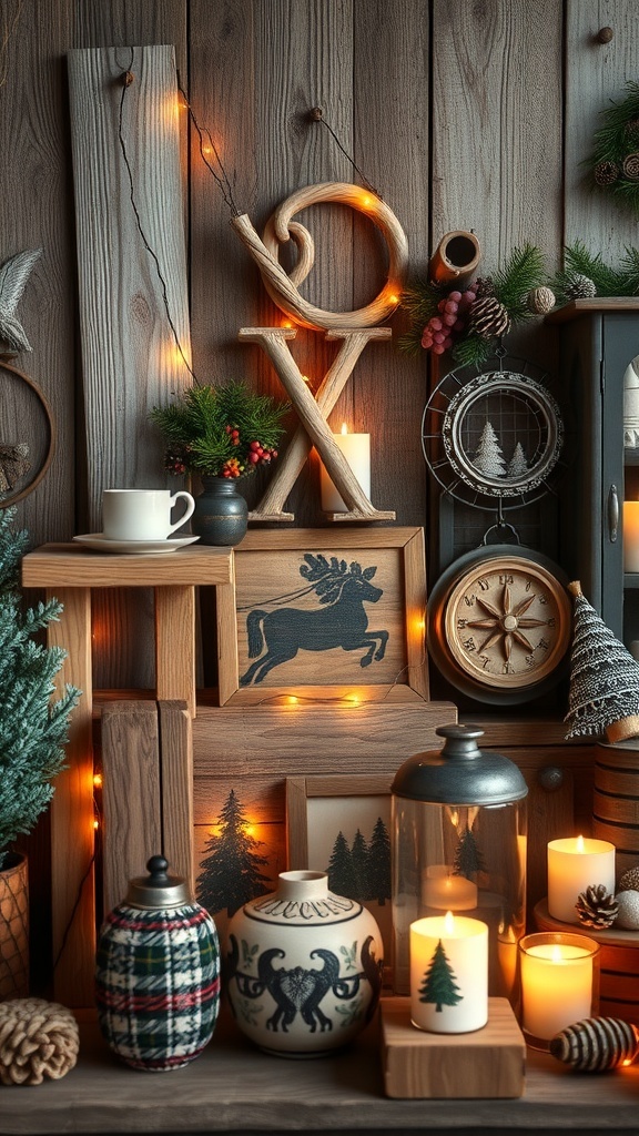 Rustic wooden signs with holiday phrases and a clock in a cozy setting.
