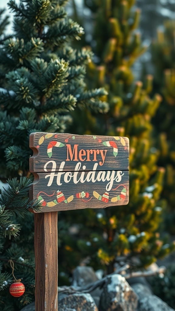 A rustic wooden sign that reads 'Hollidays To day is live word!' surrounded by evergreen trees.