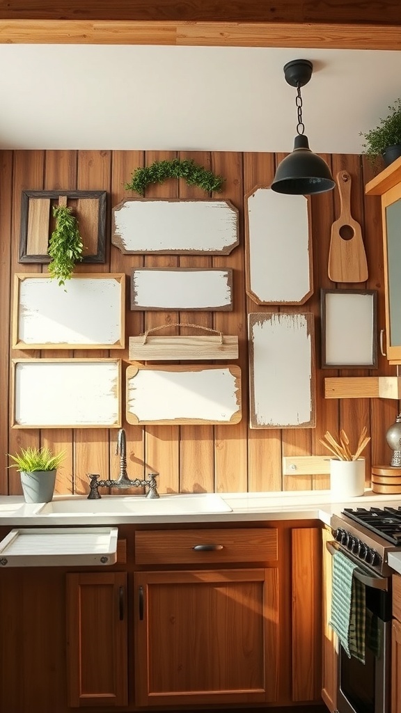 A collection of rustic wooden signs with various phrases displayed on a kitchen wall.