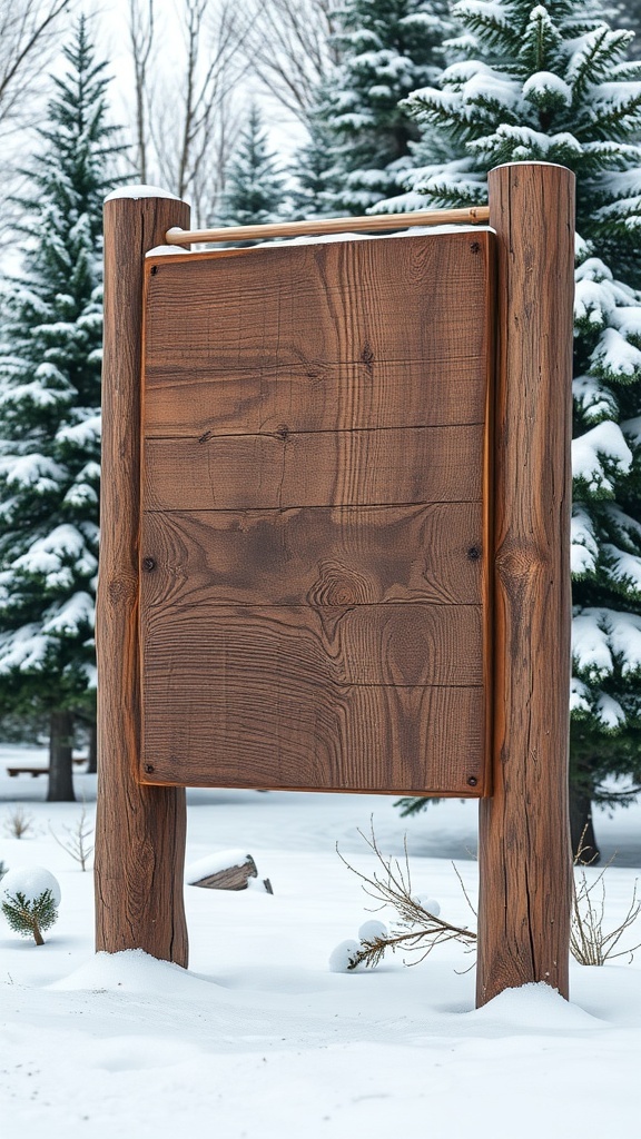 A rustic wooden sign in a snowy landscape with winter-themed text.