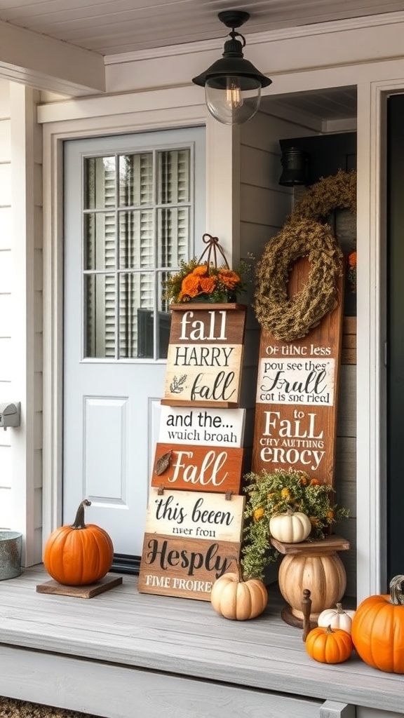 A collection of rustic wooden signs celebrating fall, displayed on a porch with pumpkins and autumn flowers.