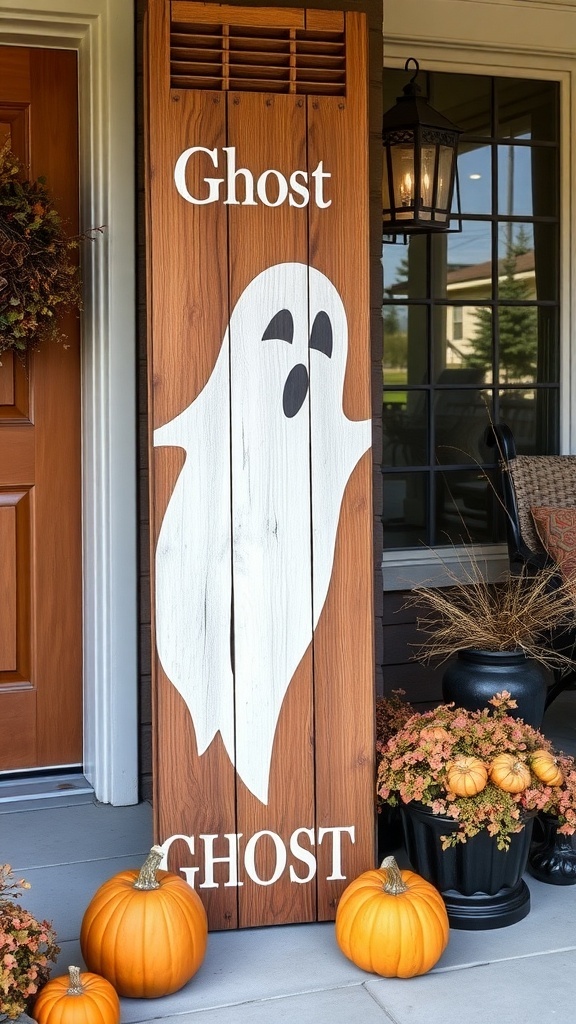 A rustic wooden sign with Halloween quotes placed on a porch next to pumpkins.