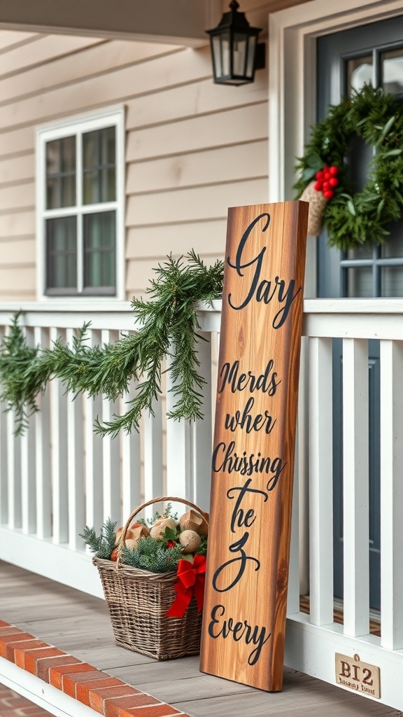 A rustic wooden sign with holiday greetings on a front porch, surrounded by greenery and festive decor.